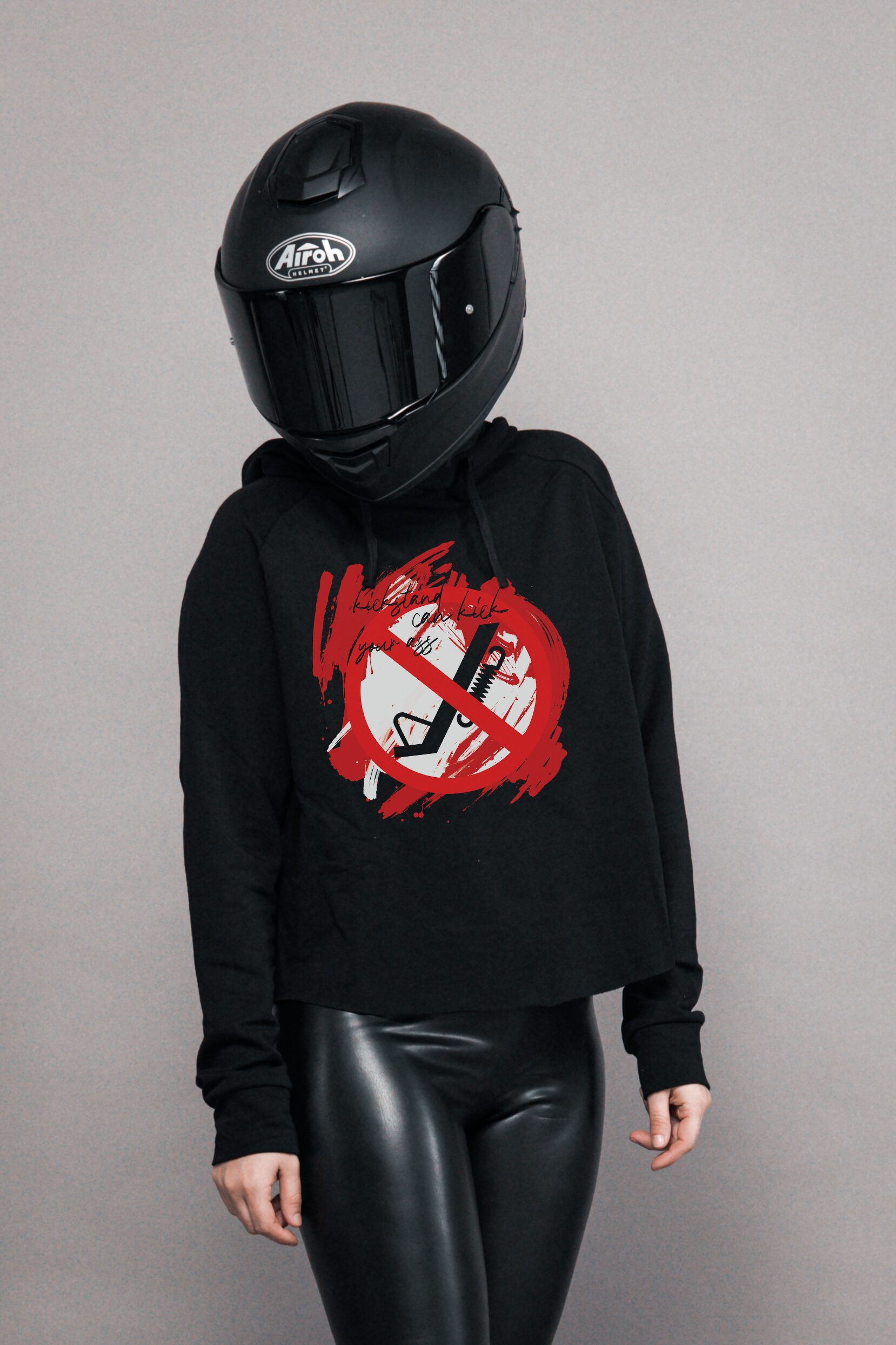 "Biker enemies" - Dámska cropp mikina s prekríženým chrbtom – Obrázok 4