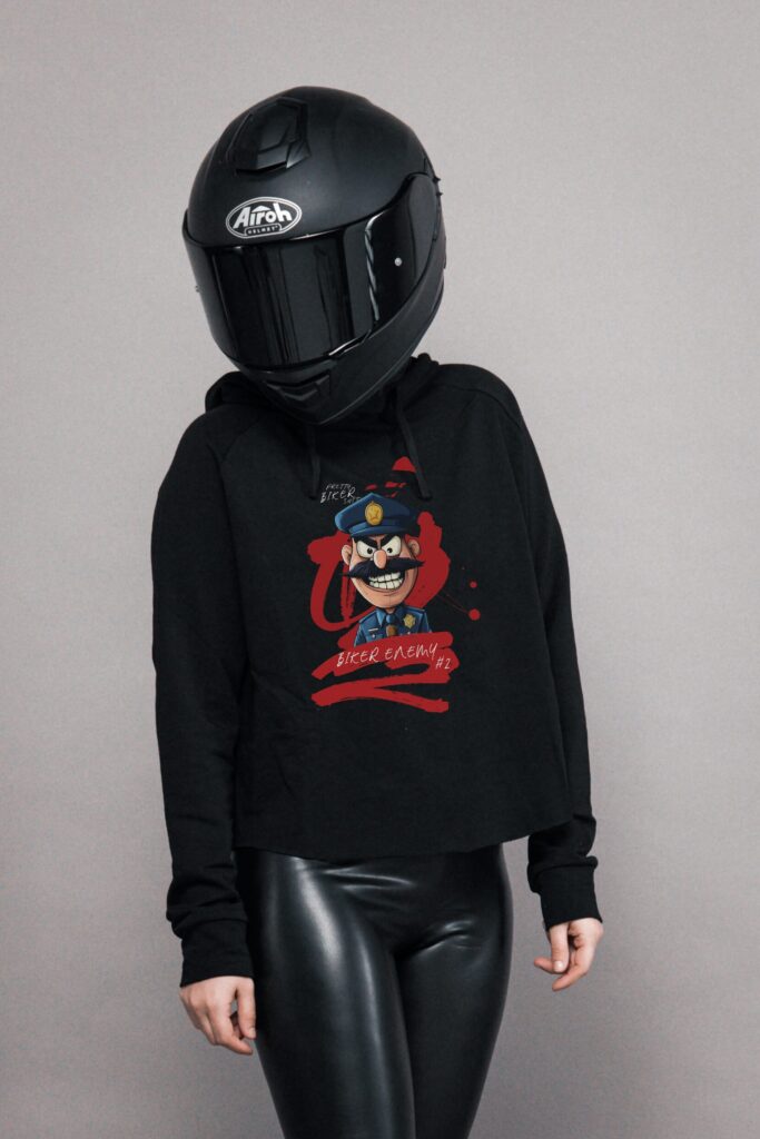 "Biker enemies" - Dámska cropp mikina s prekríženým chrbtom
